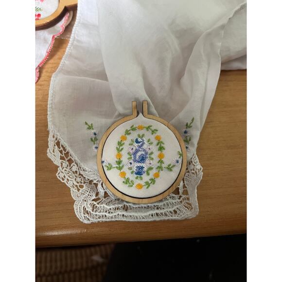 Large Round Handmade Embroidered Loom Pendants from Vintage Handkerchiefs - Picture 6 of 7